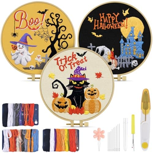 TINDTOP Halloween Embroidery Kit for Adult Beginners 3 Sets Embroidery Stitch Practice kit Include Embroidery Cloth Hoops Threads for Craft Lover Hand Stitch