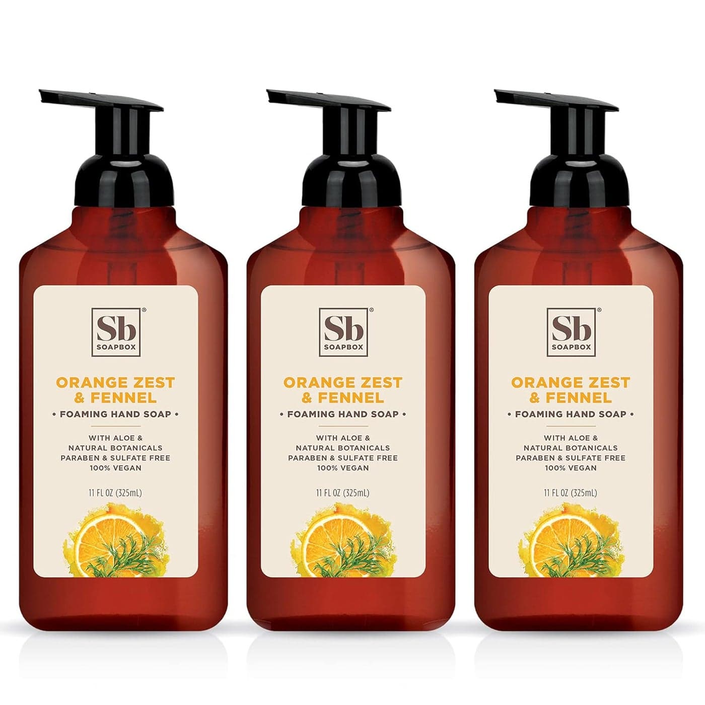 Soapbox Foaming Hand Soap Orange Zest Fennel 11oz Pump Bottles 3 Pack Cruelty Free Vegan Moisturizing Foaming Hand Wash for Kitchen Bathroom