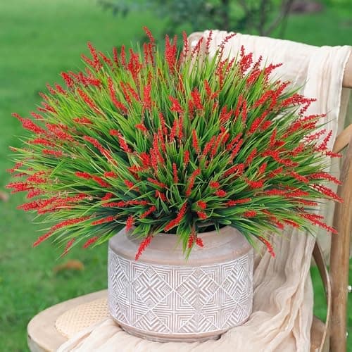HyeFlora Artificial Fake Flowers Outdoor Plants for Summer Decoration10 Bundles Faux Plastic Tall Monkey Grass Greenery UV Resistant Realistic Lavender for Home Planter Window Porch GardenRed