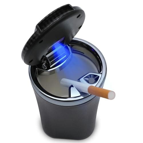 Car Ashtray with Lid Auto Ashtrays Smell Proof Smokeless Ashtray for Car Easy Clean Up Detachable Ash Tray with LED Blue Light (Black)