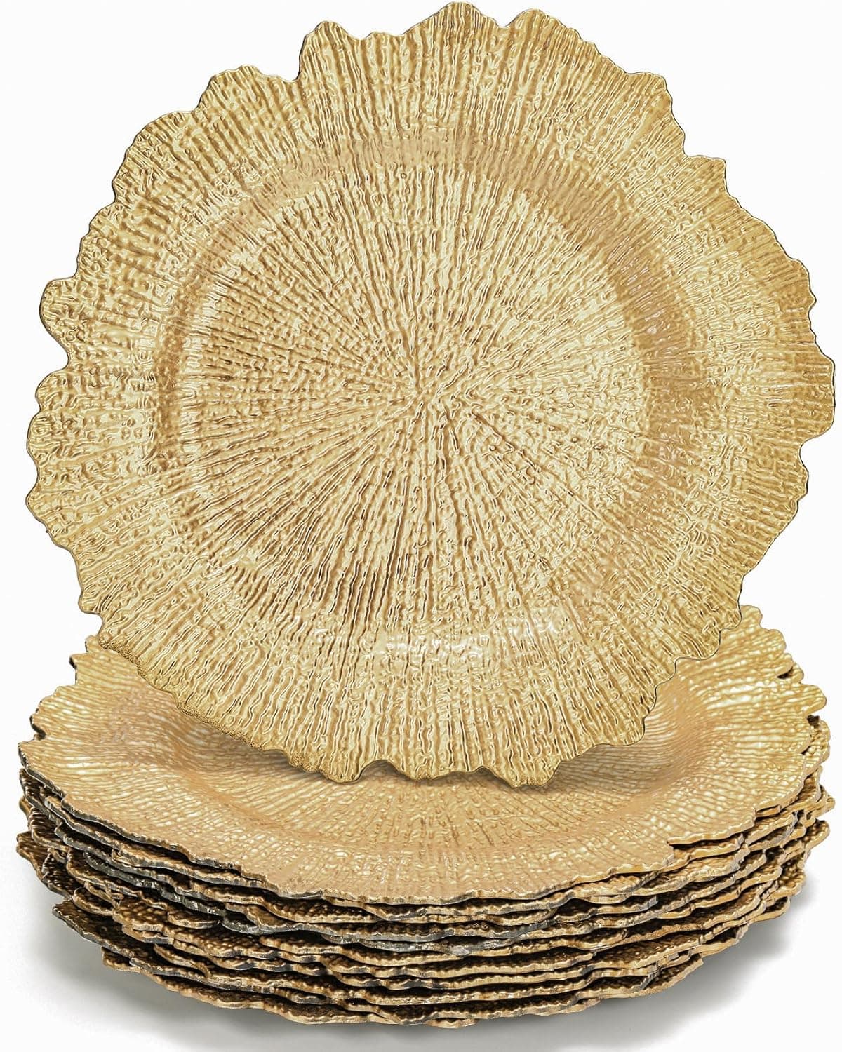 WUWEOT 12 Pack 13 Gold Charger Plates Plate Chargers with Flora Reef Design Plastic Round Ruffled Rim Dinner Charger Plates for Dinner Wedding Party Decoration