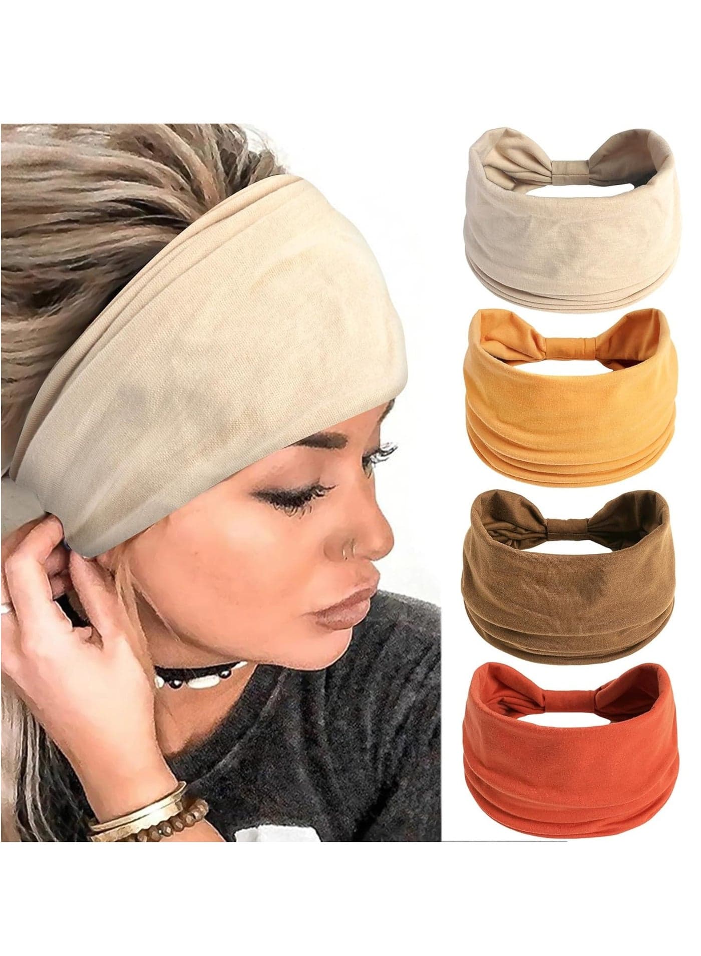Bohemian Style Women's Headband Elastic Knot Headband Non-slip Hairband Yoga Skin Care SPA Sweat Absorbent Headband Red Turban Headband 4 Pack (Style 2)