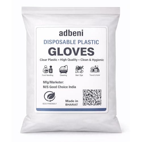 adbeni Disposable Hand Gloves | Transparent & Waterproof | Premium | Clear Plastic PE for Kitchen, Food Handling, Cleaning, Hair Dye, Salon, Multipurpose Use | Powder-Free | Pack of 100 Pcs