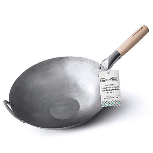 Mammafong Flat Bottom Carbon Steel Wok Pan Authentic Hand Hammered Woks and Stir Fry Pans 14 Pow Wok