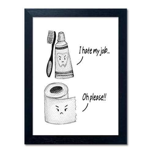 Boswaydeco Kids Bathroom Decor Wall Art Cute Children's Bathroom Wall Decor Small Funny Toliet Paper and Toothbrush Print Black and White Artwork for Guest Rom