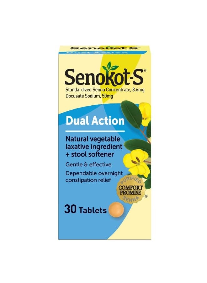 S Dual Action Natural Vegetable Laxative Ingredient Plus Stool Softener Tablets, Gentle Dependable Overnight Relief of Occasional Constipation, 30 Count