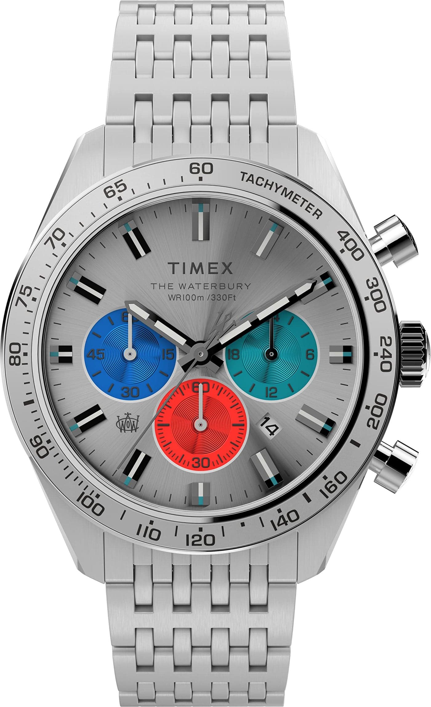 Timex Mens Waterbury Diver Chronograph 41mm Watch SilverTone Dial Stainless Steel Case Bracelet