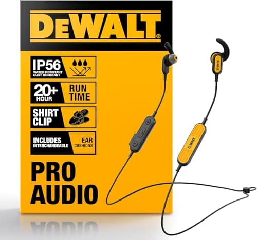 DEWALT Heavy Duty Neckband Bluetooth Earbuds Wireless Bluetooth 52 Headphones wMicrophone Lightweight Comfort IP56 Waterproof Deep Bass Strong Beat 20H Playtime Jobsite BehindNeck Earphones