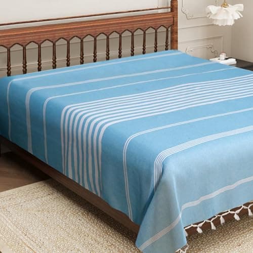 Värde Handmade Double Bedsheet 210 TC | Without Pillow Cover | Handloom Cotton Bedsheets for Double Bed | Double Bedsheet for Summer (Size 90X100 Inches, 7.5 x 8.3 Feet (Smalt Blue, Double Bed)