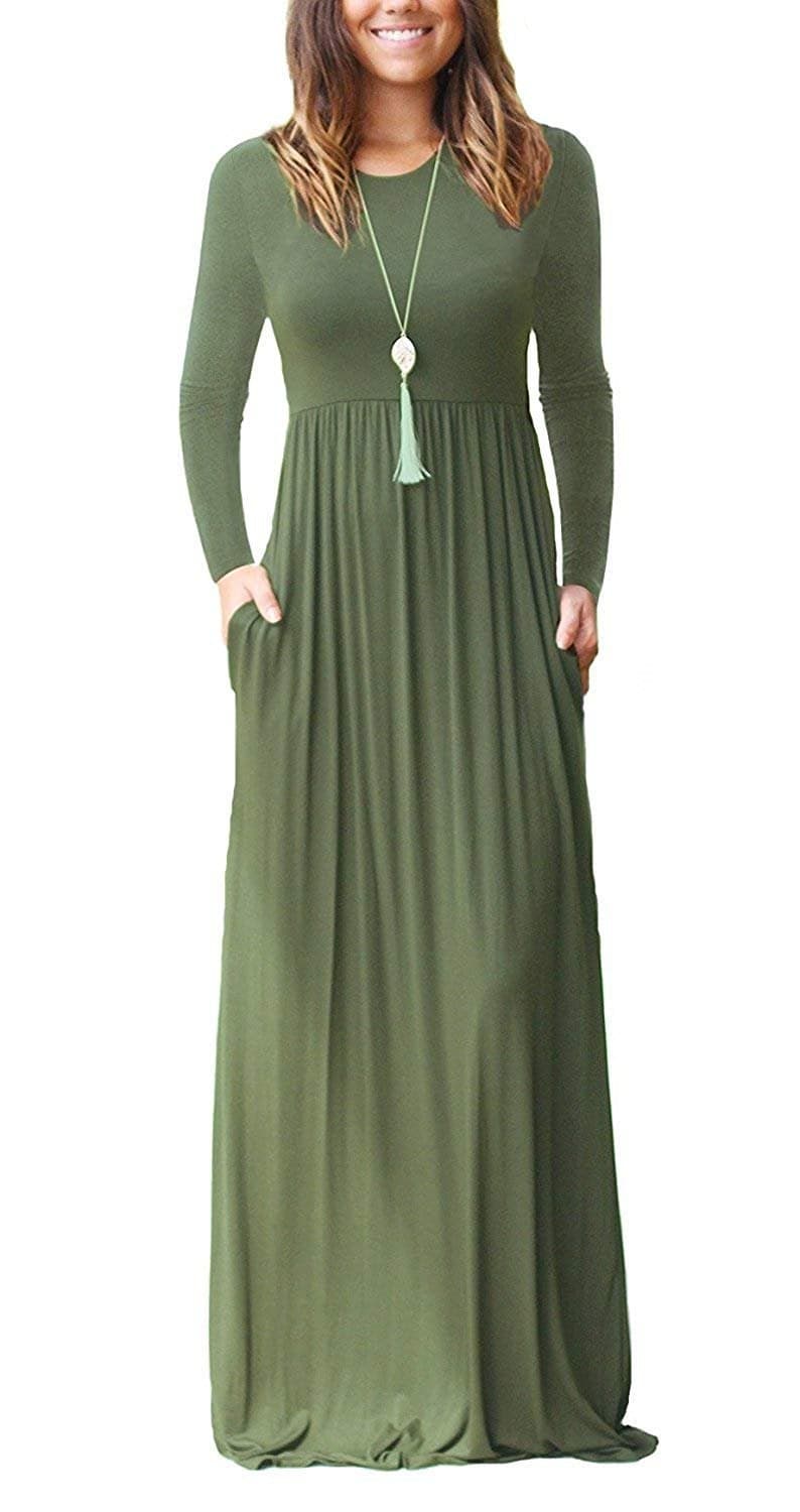 AUSELILY Maxi Dress for Women Casual Long Sleeve Crewneck Empire Waist Long Dresses with Pockets 2026 Army Green M
