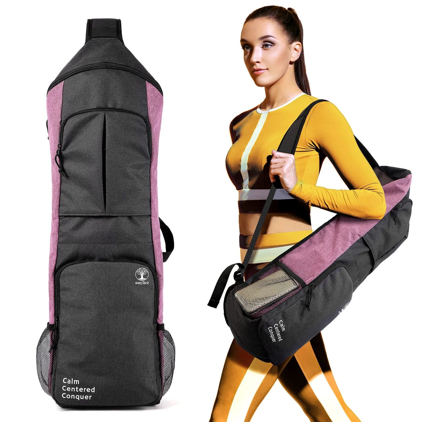 WARRIOR2 Yoga Mat Bag Carrier - Large Pockets & Water Bottle Holders. Yoga Backpack Fits 0.5" Thick x 26" Wide Mats. Hands-Free, Left-Right Switchable, Yoga, Gym, Cycling