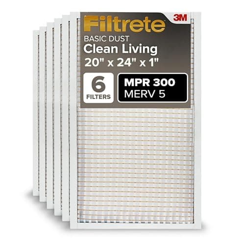 Filtrete 20x24x1 AC Furnace Air Filter, MERV 5, MPR 300, Capture Unwanted Particles, 3-Month Pleated 1-Inch Electrostatic Air Cleaning Filter, 6-Pack (Actual Size19.81x23.81x0.81 in)