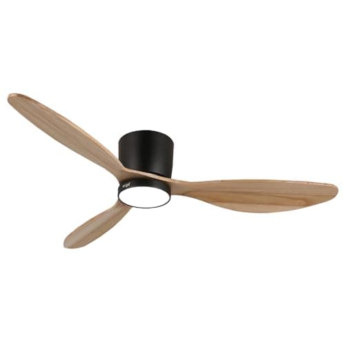 reiga 52 Inch Ceiling Fans with Remote Control and Led Lights, Flush Mount White Ceiling Fan Quiet DC Motor Low Profile 3 Wood Blade Fans for Patio Kitchen Living Room Bedroom