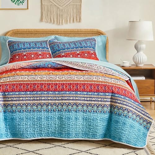 Flysheep 3 Pieces Colorful Boho Quilt Set Full Queen Size, Bohemian Striped Blue n Red Printed Bedding Bedspread Coverlet Set for Summer, Soft Lightweight Microfiber Quilt with 2 Shams (88x88 inces)