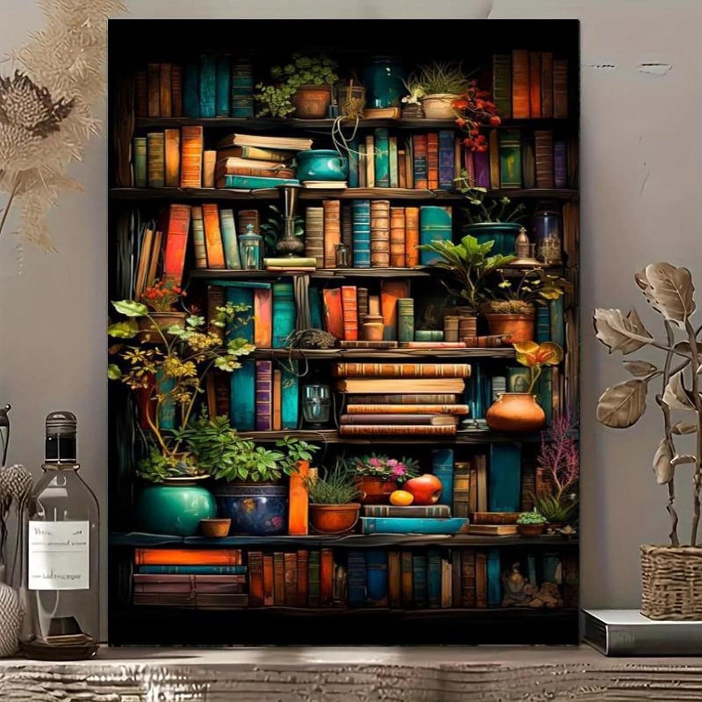 Paint by Numbers Kit for Adults – Realistic Bookshelf and Plants Theme, 40x50cm DIY Acrylic Painting on Canvas for Home Wall Art Decoration, Frameless Beginner Art Set