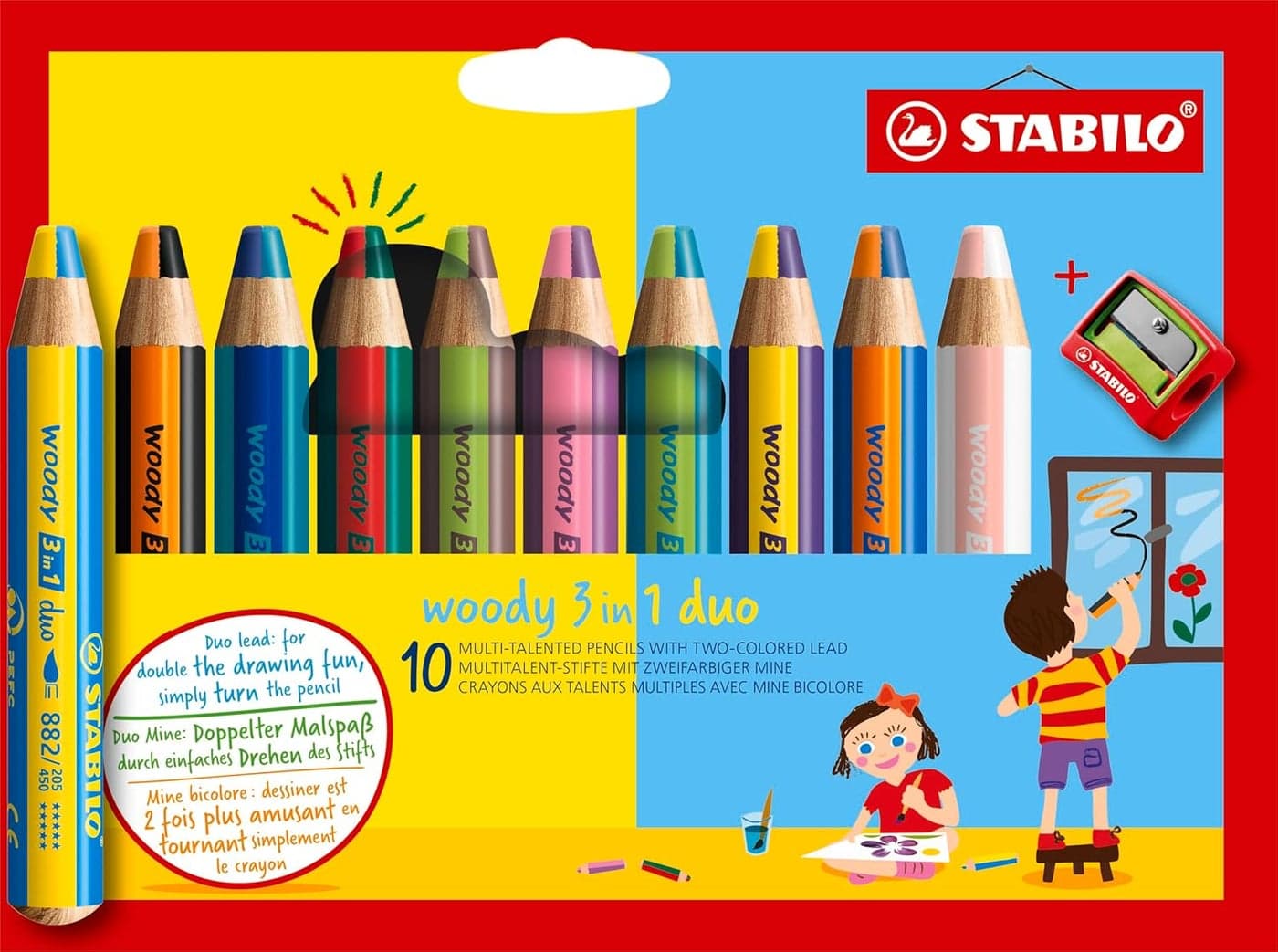 STABILO MultiTalented Pencil woody 3 in 1 duo Pack of 10 Assorted Colors with Sharpener