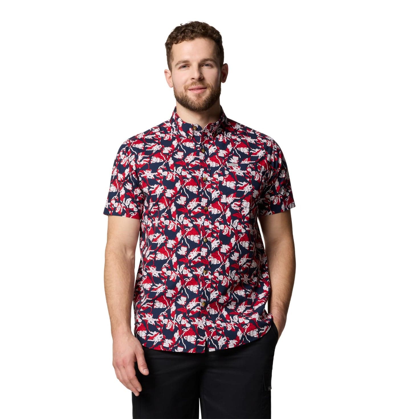 Columbia Mens Rapid Rivers Printed Short Sleeve Shirt Collegiate Navy Vined Small