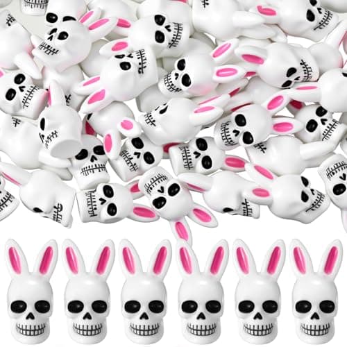 VioraWhite 50 Pcs Easter Mini Resin Skulls Figures Miniature Resin Tiny Skulls Figures with Rabbit Ears Landscape Aquarium Garden Desktop Ornament DIY Decoration for Party Supplies