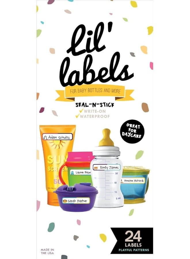 Lil' Labels Bottle and Food, Write-On, Freezer Safe, Self-Laminating, Waterproof Kids Name for Baby Bottles, Sippy Cup for Daycare School, Dishwasher Safe (Playful Patterns)