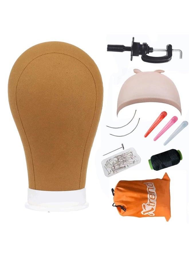 Xtrend 23" Poly Canvas Block Head Professional Brown Mannequin Canvas Head for Making/Drying/Styling Wigs with Table Clamp Stand and T Pins Wig cap