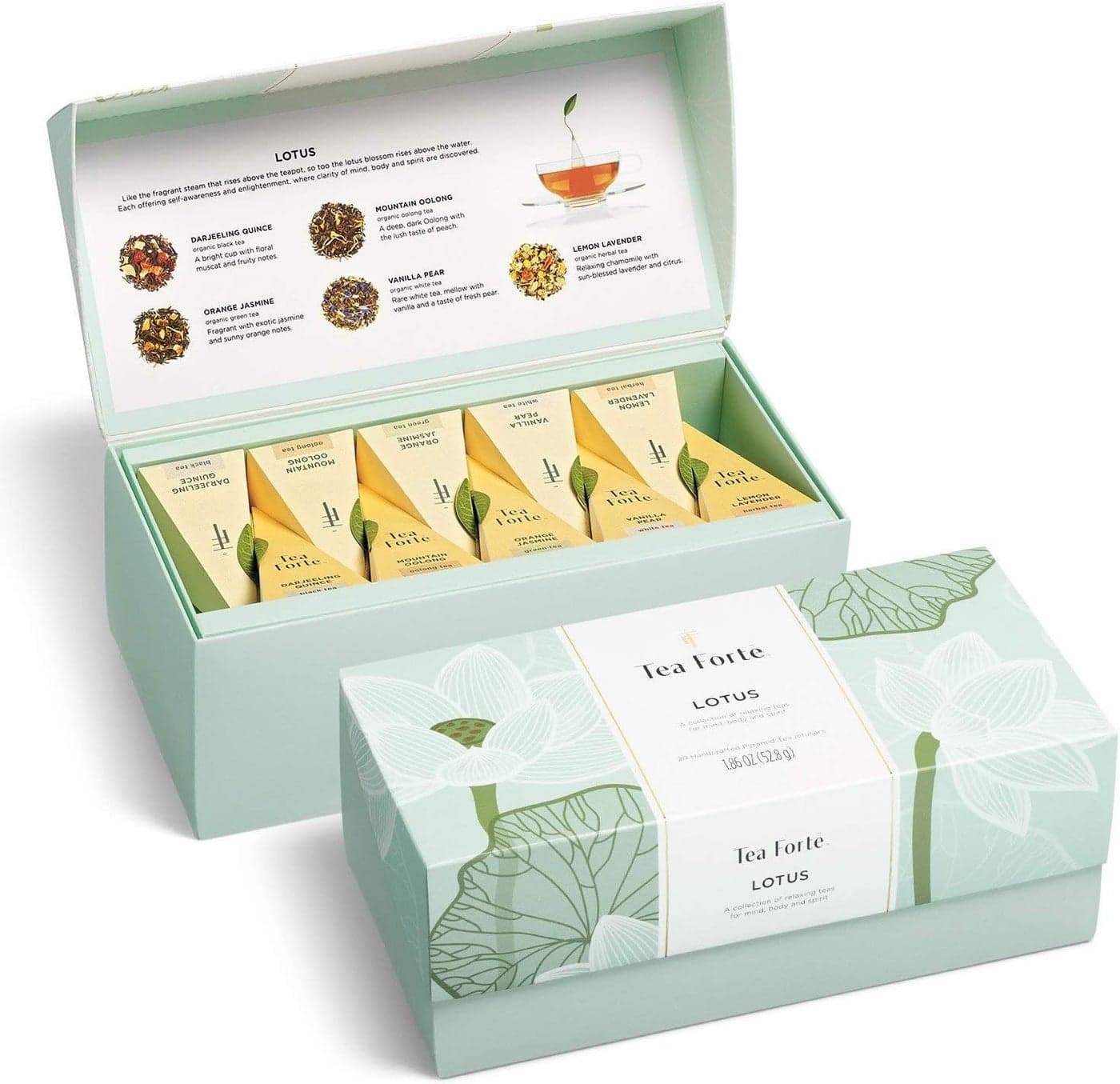 Tea Forte Lotus Relaxing Tea Sampler Gift Set with Assorted Handcrafted Pyramid Infuser Bags - 20 Count