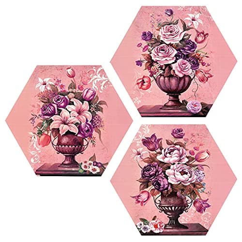 Indianara Set of 3 Colorful Roses in the Port Hexagon Pieces MDF Painting (3602HEX) without glass (17 inch x 17 inch)