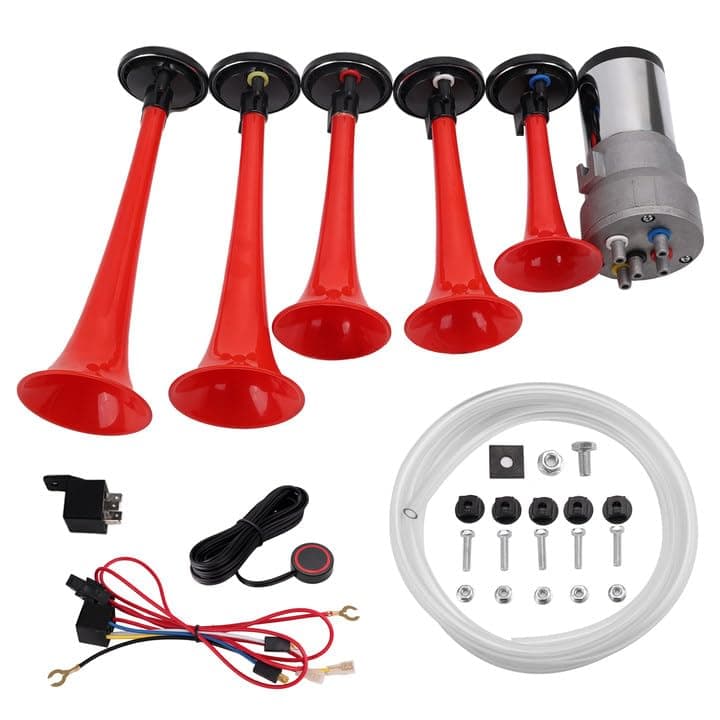 AOLIHAN Musical Air Horn Loud Five Trumpet La Cucaracha Music Sound Horn Full Complete Kit with Installation Wire and Button Red 12V (LACUKARACHA Kit)