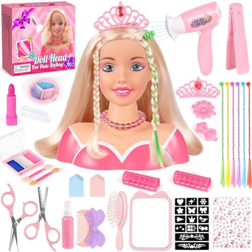 KUBUSFLY 44Pcs Hair Styling Doll Head Toys for Girls Kids Makeup Hair Salon Pretend Play Styling Kit with Hairdryer Straightener Beauty Hair Toy Christmas Birthday Gift for Toddler Girls 3 4 5 6