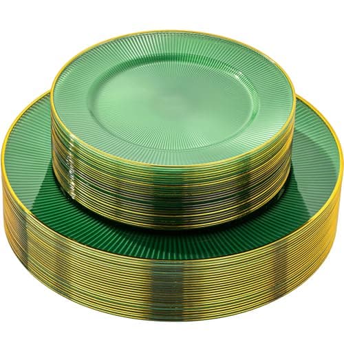 Hioasis 60pcs Green and Gold Plastic Plates - Green Disposable Dinnerware Set, 30pcs Dinner 10.25in & 30pcs Dessert 7.5in Plates with Striped Designs for Party & Wedding