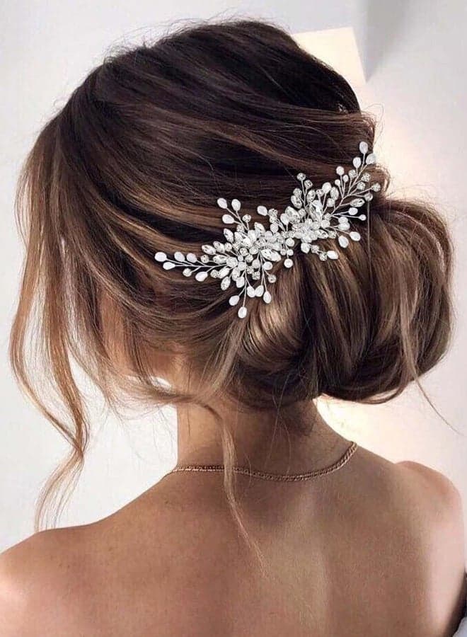 Rhinestones Bridal Hair Comb - Silver Side Wedding Hair Accessory with Beads for Brides, Women, and Girls (A silver)