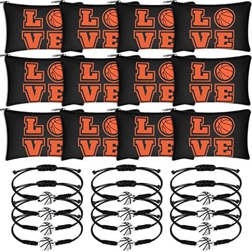 Kajaia 24 Pcs Basketball Makeup Bag and Bracelet Gifts Set for Women Portable Bag with Zippers Charms Cord Braided Party Favors Gifts for Basketball Team Stuff(Black)