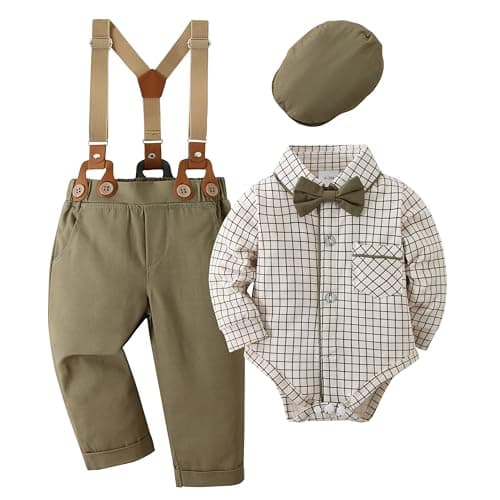 CARETOO Baby Boy Wedding Outfit Baby Formal Outfit Boy Dress Shirt/Bowtie/Suspender Pants Set Green 3-6months