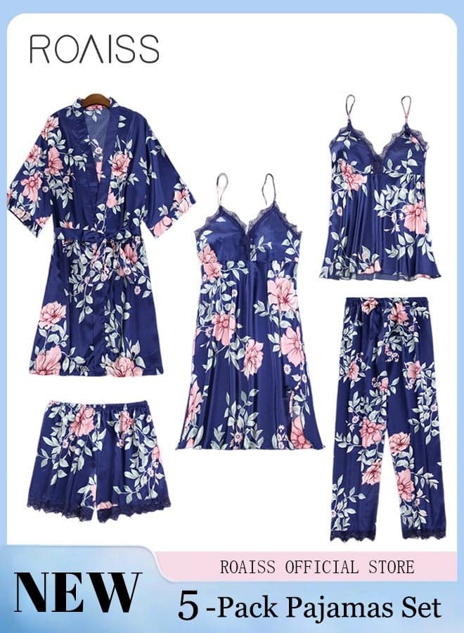 5 PCS Pajama Sets for Women Sweet Floral Printing Lace Edge Homewear Ladies Nightwear Silky Clothes Suits Spring Summer Sleepwear Sling with Chest Pad Nightdress(Suspender Top + Suspender Skirt + Nightgown + Shorts + Trousers)Blue
