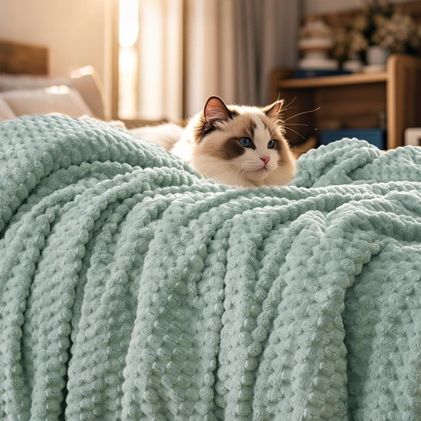 PHF Ultra Soft Flannel Fleece Blanket Queen Size Lightweight 3D Jacquard Fleece Blanket No Shedding No Pilling Luxury 340GSM Aesthetic Fluffy Cozy for Bed Room Decor 90x90 Sage Green