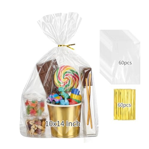 woric 60pcs Cellophane Bags 10x14 Inch Clear Gift Bags Cellophane Wrap Treat Bag Party Favor Bag for Graduation Gifts Cookies Candies Bread Mugs Craft Projects with 60 Twist Ties