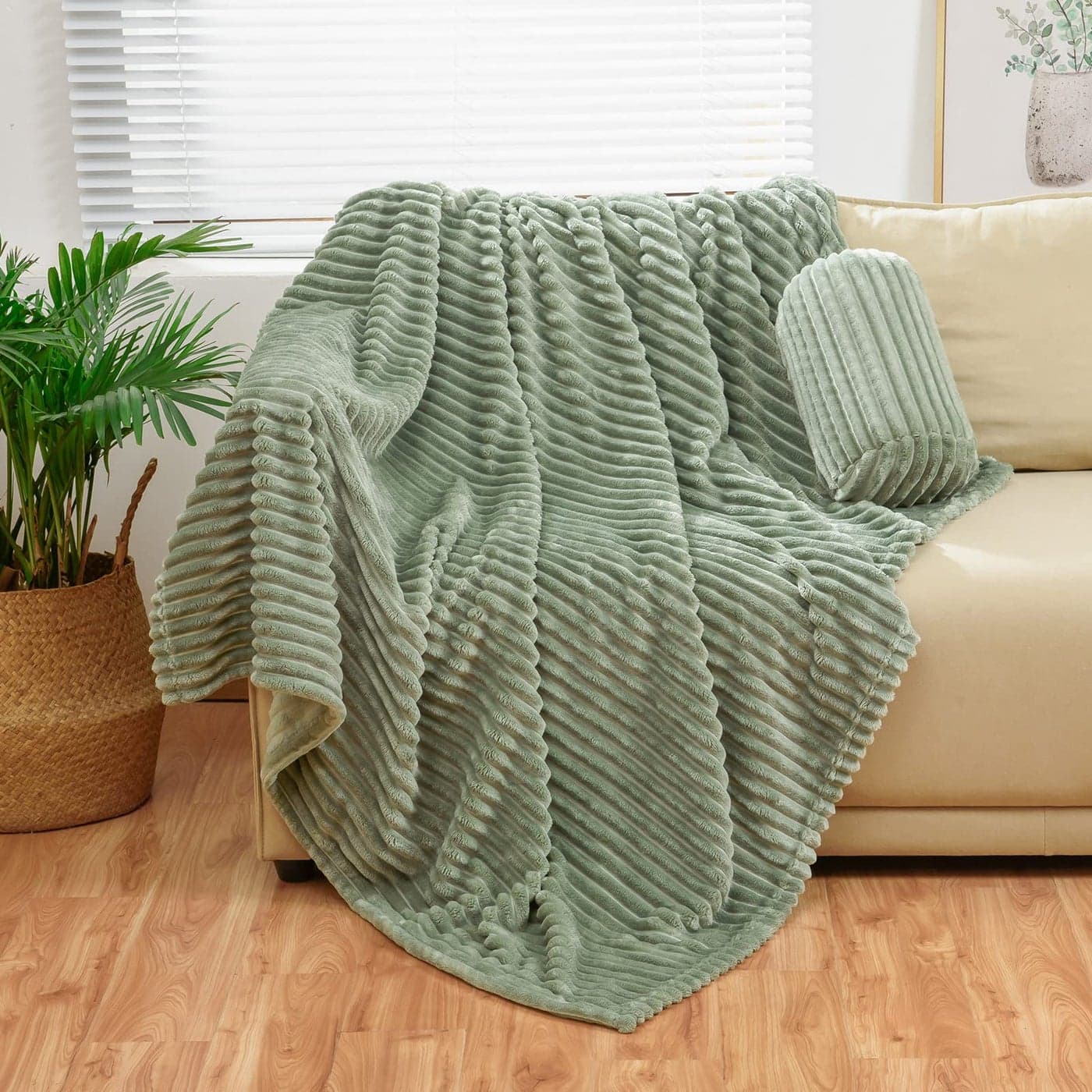 Bnuitland Sage Green Flannel Throw with Storage Pouch300GSM Super Soft Fleece Stripe Pattern Sofa Blanket for Adults and Kids Lightweight Cozy Bed Throw for Home Decor All Season