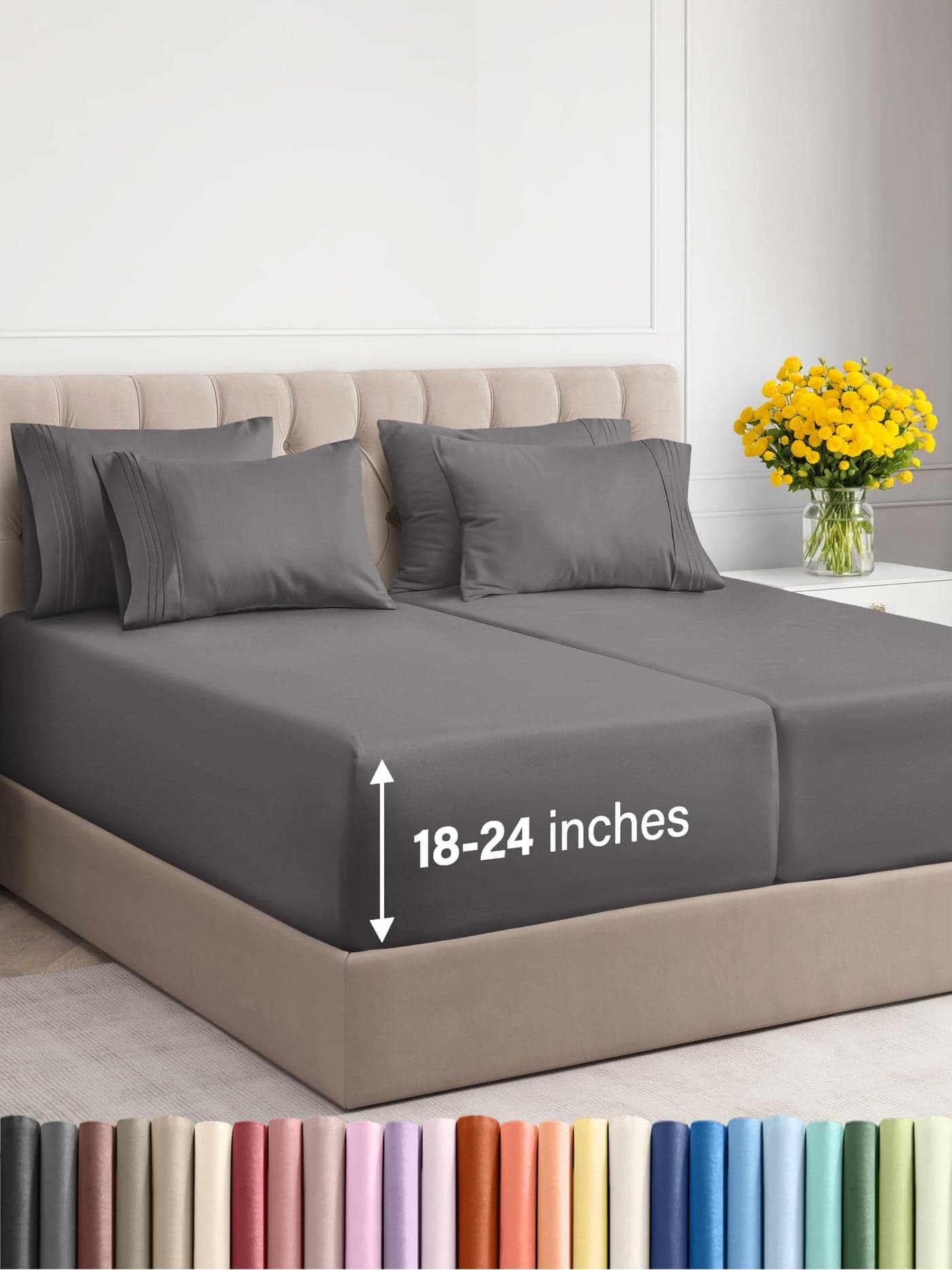 Extra Deep Split King Sheet Set 7 Piece Breathable Cooling Sheets Hotel Luxury Bedding Set 1824 Inch Extra Deep Pockets Easy Fit Super Soft Wrinkle Free Comfy Dark Grey Split King Size
