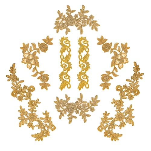 NBEADS 8 Pcs Embroidery Lace Patches4 Styles Flower Leaf Patches Iron on Sew on Patches Golden Floral Lace Appliques for Wedding Dress Decoration Repair Clothing Backpacks Jeans