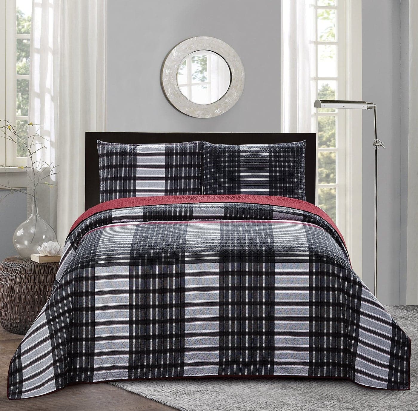 All American Collection New 2pc Plaid Printed Reversible BedspreadQuilt Set Twin Size