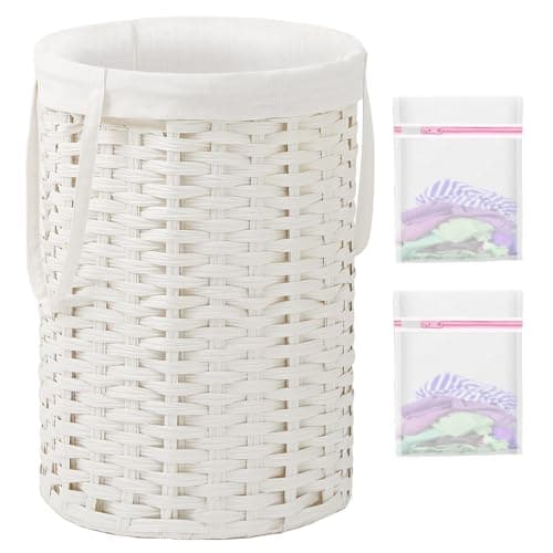 SETVSON Laundry Hamper Laundry Basket Round 19.0 Gal (72 L) Handwoven Rattan Hamper, Large Wicker Laundry Hamper with Removable Laundry Bag Handles 2 Mesh Bags for Bedroom Living Room White (No Lid)