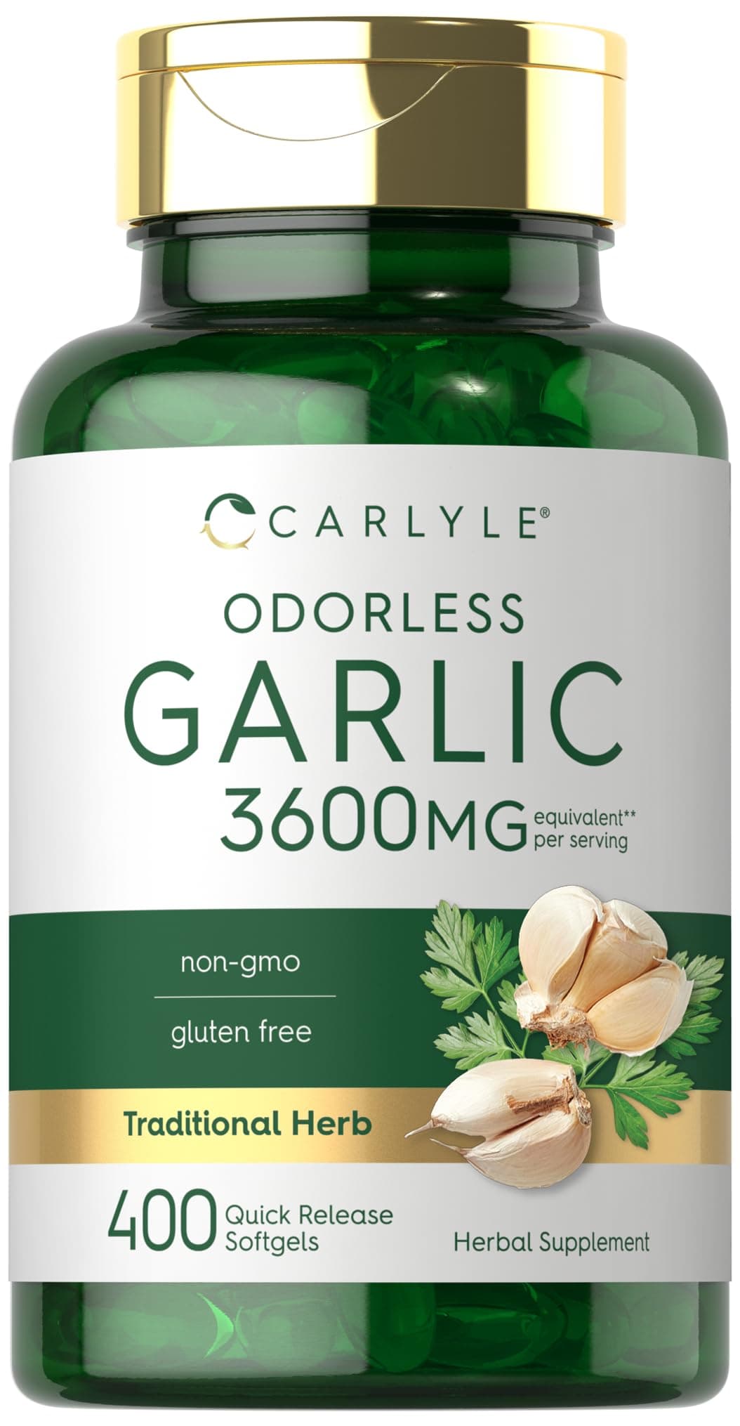 Carlyle Odorless Garlic Softgels 3600 mg 400 Count Allium Sativum Bulb Non GMO Gluten Free Supplement