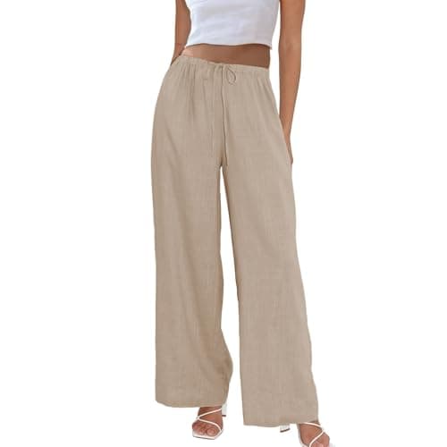 Duyang Womens Cotton Linen Palazzo Pants Drawstring Elastic Waist Casual Wide Leg Trousers with Pockets(Khaki,L)