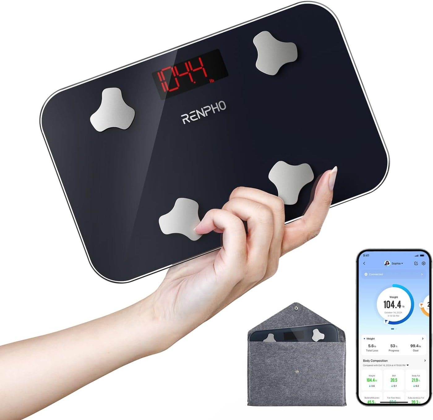 RENPHO Travel Scale for Body Weight Mini Bathroom Scale for Body Fat Portable Weight Scale for Traveling with Storage Case 13 Body Composition Analyzer with App 400 lbs Elis Go 1102 x 709