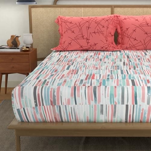 Urban Space Divine Collection 144 TC 100% Cotton Double Bedsheet with 2 Pillow Covers, Stripes Pink