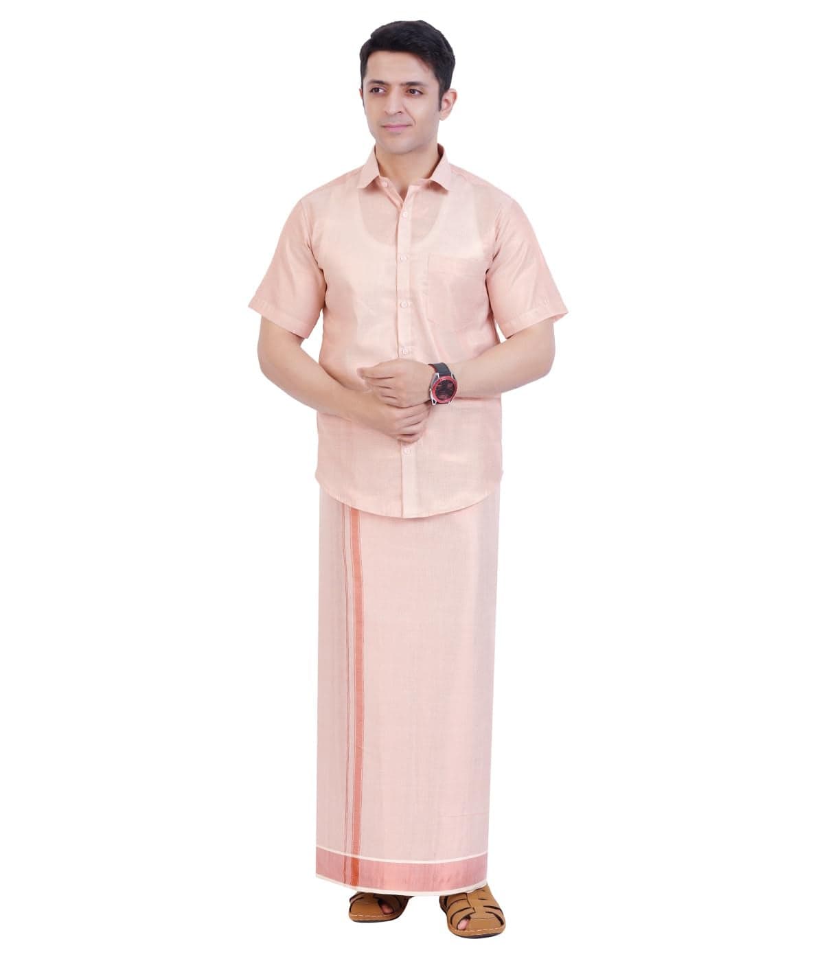 Fashily Men’s Traditional Shirt and Dhoti Set | Half Sleeve Tissue Silk Cotton Shirt with 2 Meter Dhoti | South Indian Ethnic Wear for Weddings, Festive & Puja (42,Copper)