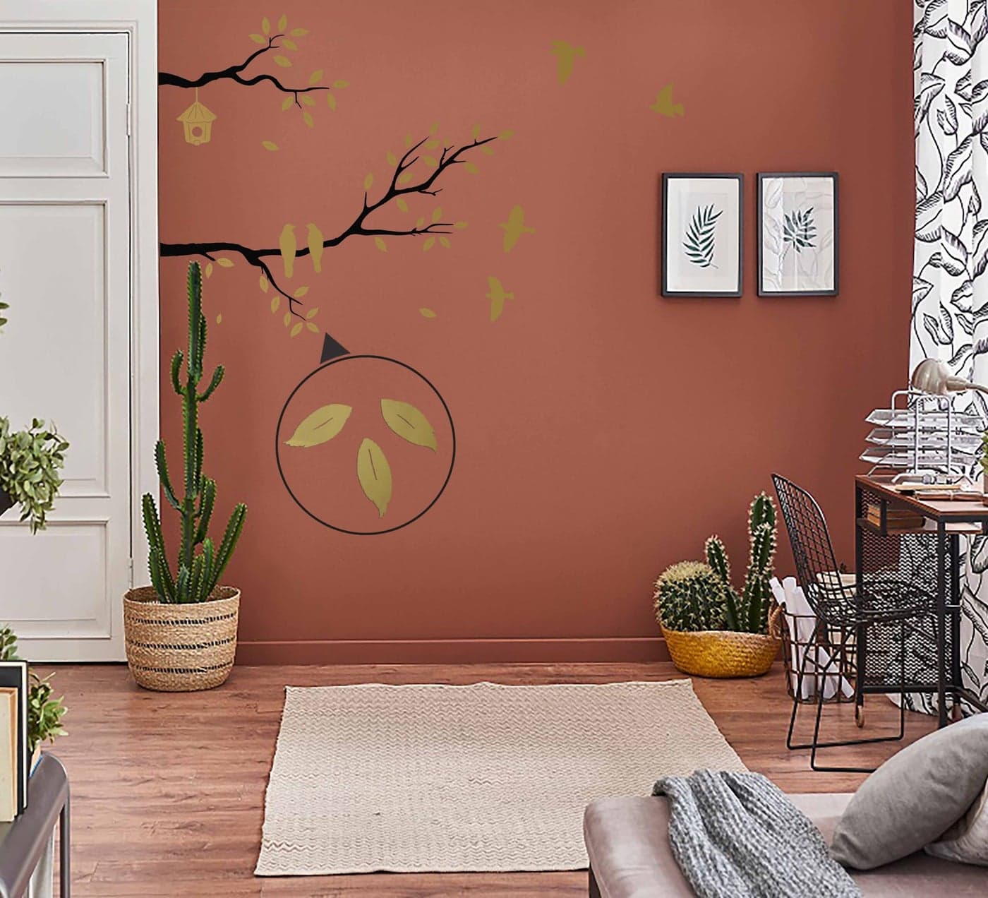 WallDesign Homecoming Wall Sticker - for Hall, Bedroom, Dining - Gold Birds & Leaves, Black Branch - Artistic Painted Effect DIY Home Décor