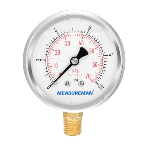 MEASUREMAN 2-1/2" dial,Glycerin Filled, Stainless Steel case, Brass Inside, 0-10psi/kpa,1/4" NPT Lower Mount