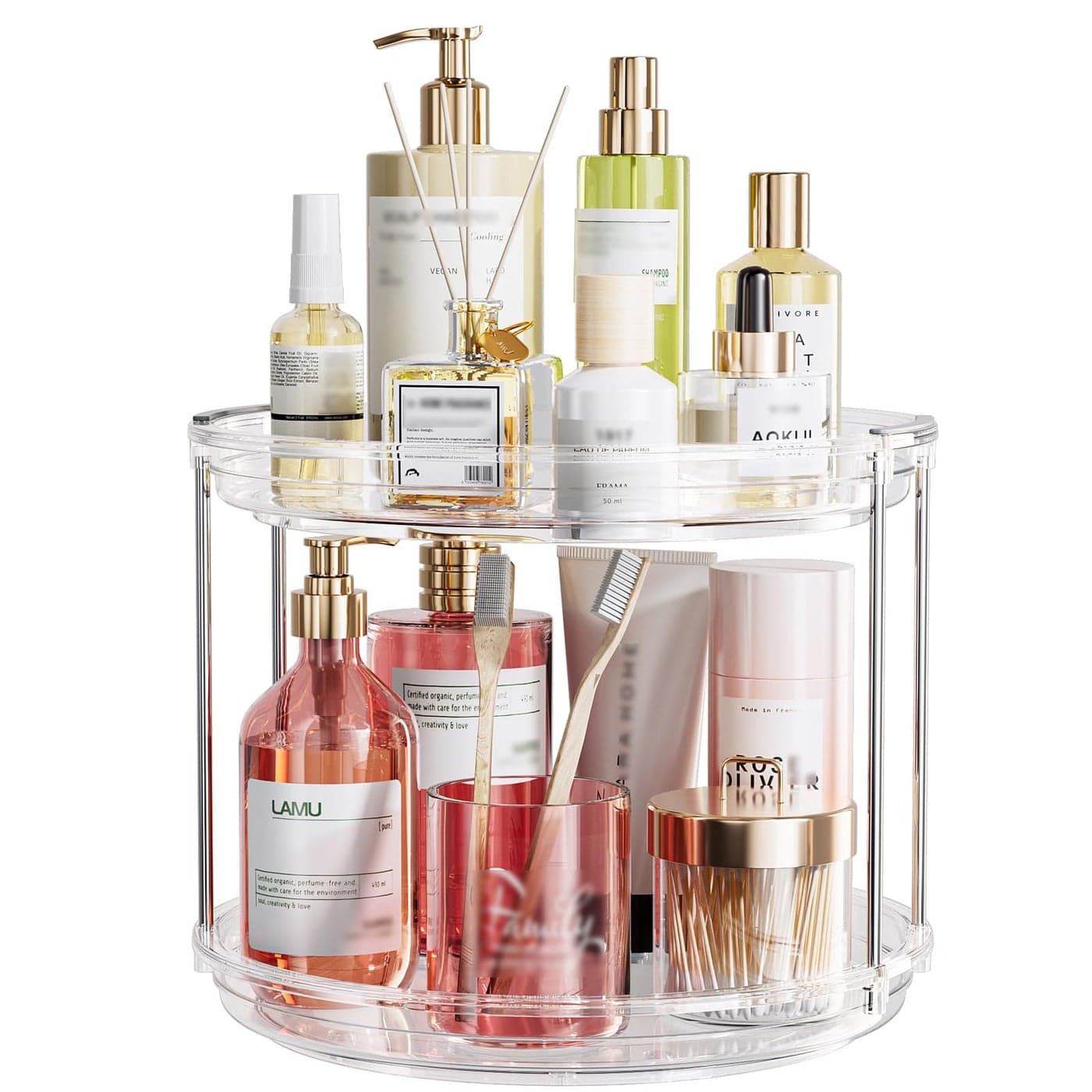 LAMU 106in Rotating Makeup Organizer for Vanity 2 Tier Lazy Susan Turntable Stackable Spinning Skincare Organizer Cosmetic Perfume Tray for Bathroom Counter Large Capacity Clear