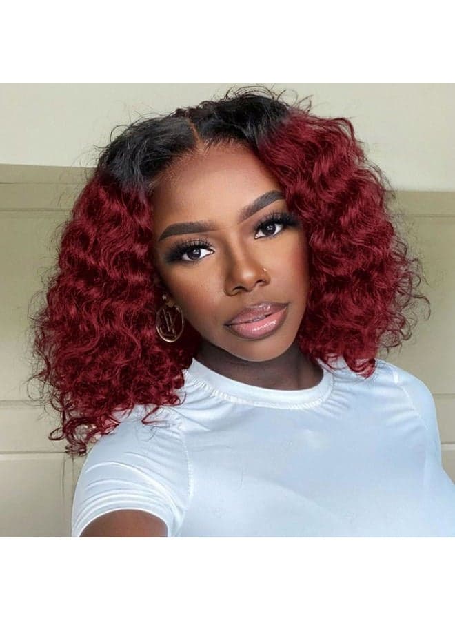 Ombre 99J Burgundy Deep Wave BOB Wig Human Hair 1B/99J Short Curly Lace Front Wigs Human Hair For Black Women Wear And Go Glueless 13x4 HD Frontal BOB Wigs Ombre Red Colored 12 Inch