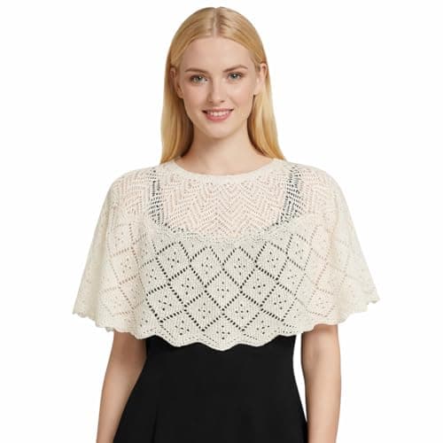 SANNIDHI® Crochet Lace Shawl White Shrug for Woman Shrug, Silk Cotton Sheer Knit Shrug for Women, Hollow-Out Summer Cover-Up for Daily Dresses Wedding Evening & Beach Wear (Draping Effect)